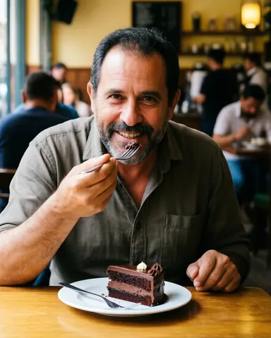 Un homme souriant déguste une part de gâteau au chocolat dans un café, baigné d'une lumière chaleureuse et dans une ambiance accueillante.