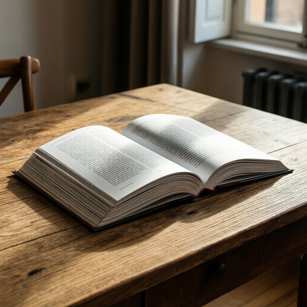 Un livre d'art ouvert posé sur une table en bois rustique, baigné de lumière naturelle provenant d'une fenêtre dans un espace chaleureux.