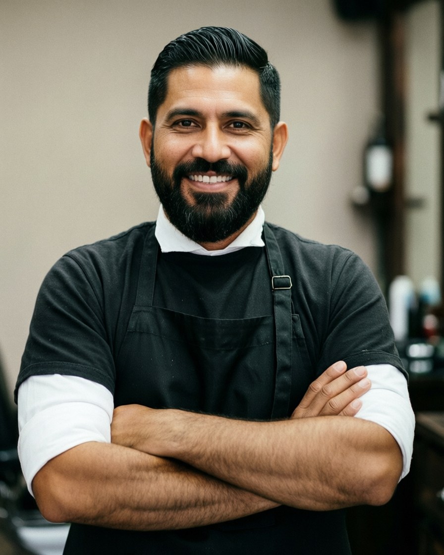 Un barbier souriant, portant une barbe et un tablier noir, les bras croisés dans son salon de coiffure.