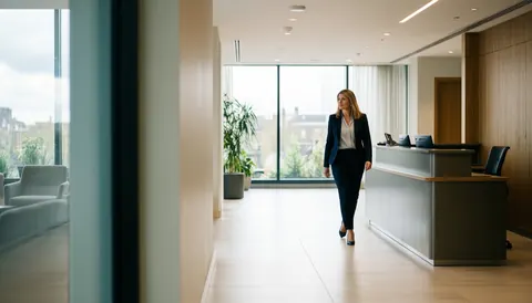 Une femme d'affaires traverse un vaste hall d'accueil moderne avec de grandes fenêtres, créant une ambiance professionnelle et accueillante.