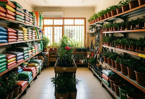 Vue intérieure d'un magasin de jardinage éclairé par la lumière naturelle des fenêtres, montrant des étagères remplies de pots et d'outils.