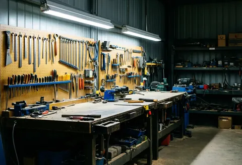Vue d'un atelier industriel avec des outils suspendus, des tables de travail et un éclairage LED, dans un environnement propre et ordonné.