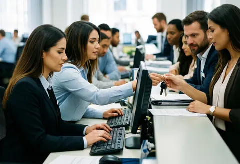 Deux réceptionnistes accueillent un client en lui remettant des clés. L'une utilise un ordinateur dans un bureau moderne et dynamique.