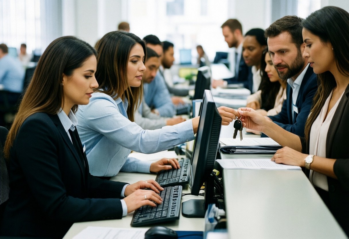 Deux réceptionnistes accueillent un client en lui remettant des clés. L'une utilise un ordinateur dans un bureau moderne et dynamique.