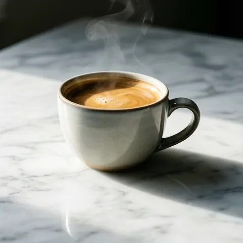 Tasse en céramique contenant du café chaud avec de la vapeur, posée sur une surface en marbre aux veines grises, éclairée doucement par la gauche.