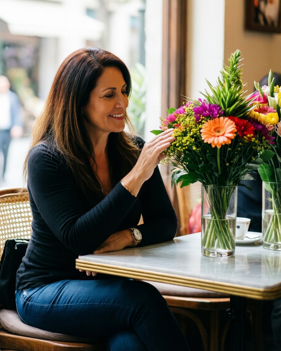 Une cliente satisfaite profite d'un magnifique bouquet de fleurs dans une cafétéria, baignée de lumière naturelle et dans une ambiance décontractée.