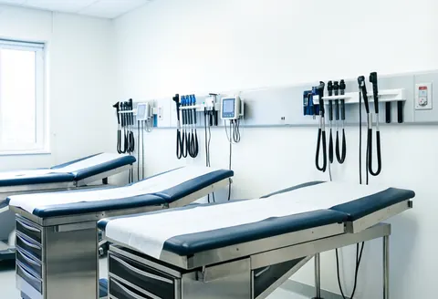 Vue d'une salle d'examen vétérinaire stérile avec lits métalliques, murs blancs et matériel médical suspendu.