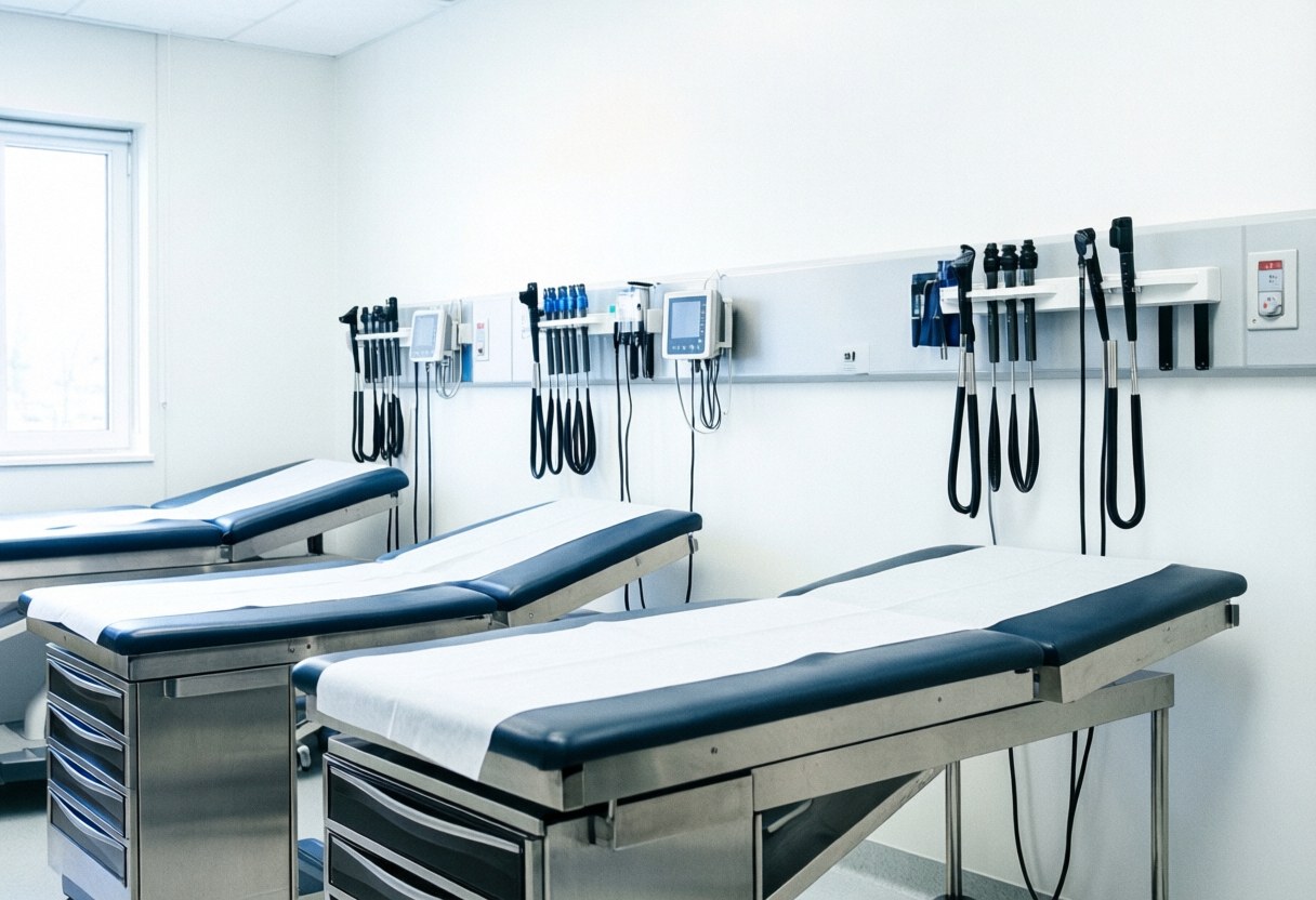 Vue d'une salle d'examen vétérinaire stérile avec lits métalliques, murs blancs et matériel médical suspendu.