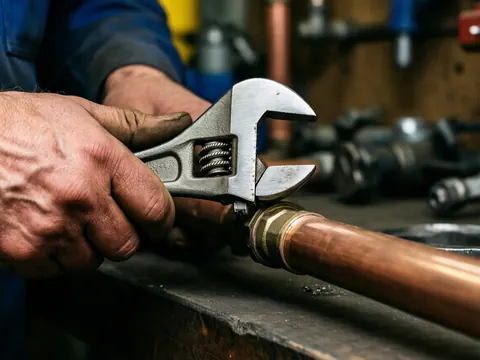Mains d'un plombier utilisant une clé pour ajuster un tube en cuivre dans un atelier avec des outils en arrière-plan flou
