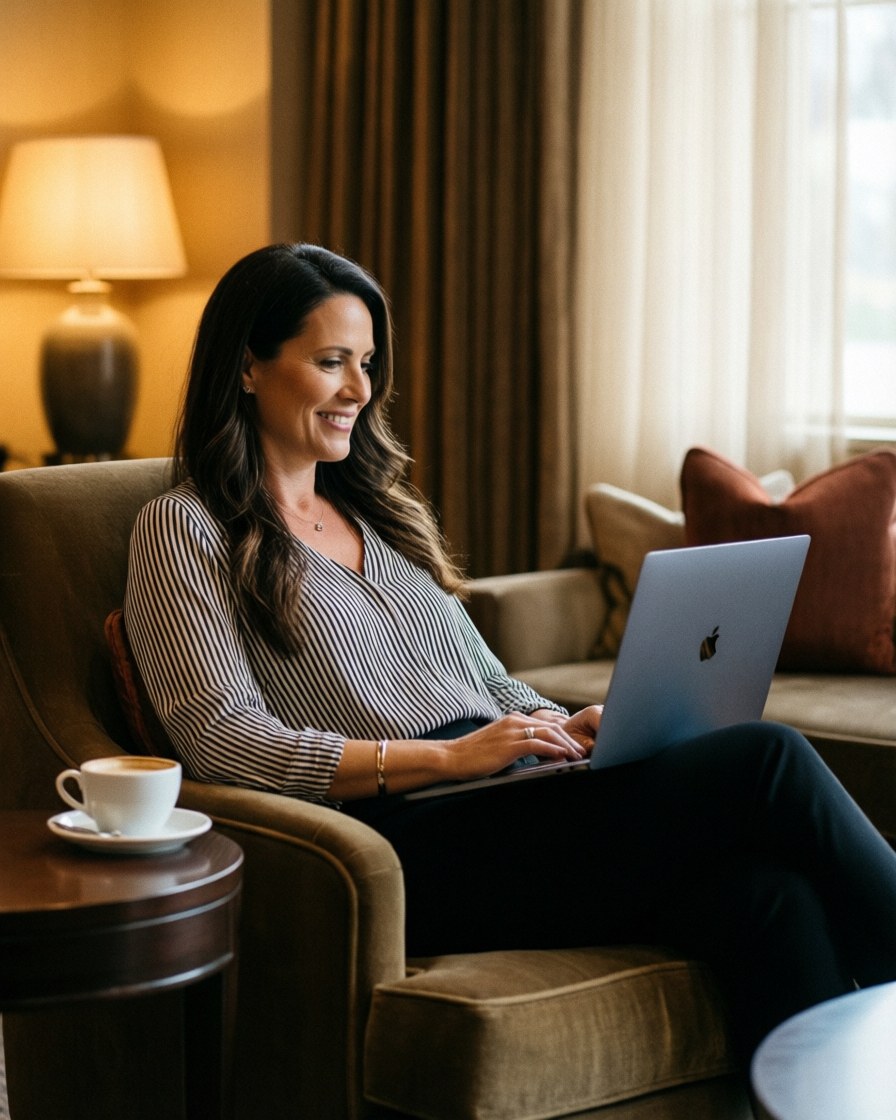 Une cliente satisfaite utilise un ordinateur portable dans un fauteuil confortable d'hôtel, accompagnée d'un café et d'une lumière chaleureuse, idéale pour les agences de voyages.