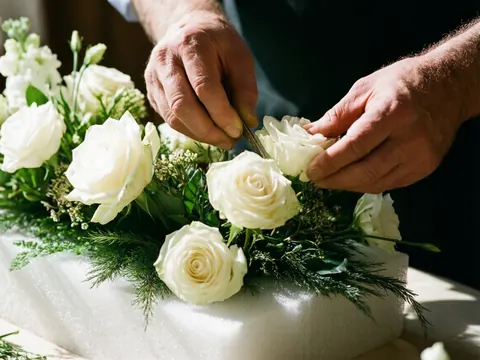 Mains d'un fleuriste disposant des roses blanches et du feuillage vert sur une mousse florale pour la décoration d'événements.