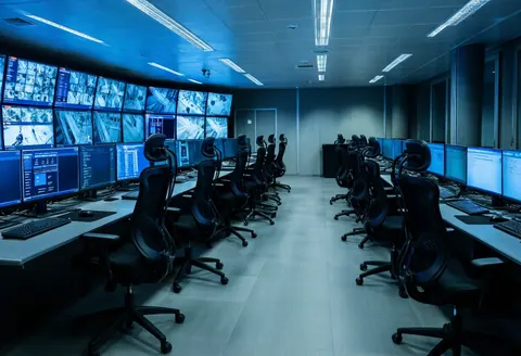 Salle de surveillance équipée de plusieurs écrans et de chaises ergonomiques, baignée d'une lumière bleue froide, créant une ambiance professionnelle et technologique.