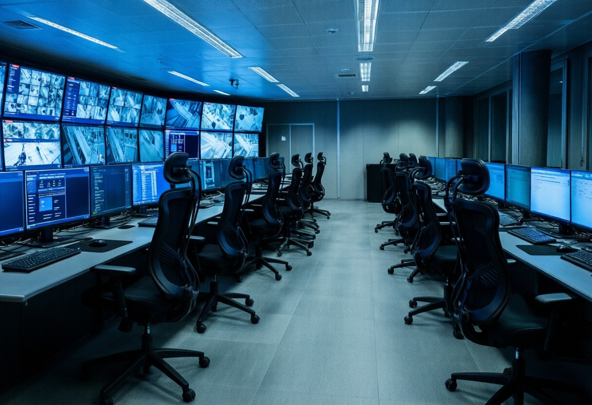 Salle de surveillance équipée de plusieurs écrans et de chaises ergonomiques, baignée d'une lumière bleue froide, créant une ambiance professionnelle et technologique.