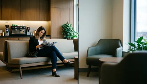 Une jeune femme lit un magazine sur un canapé confortable dans un salon d'attente moderne avec cafetière et plantes, baigné de lumière douce.