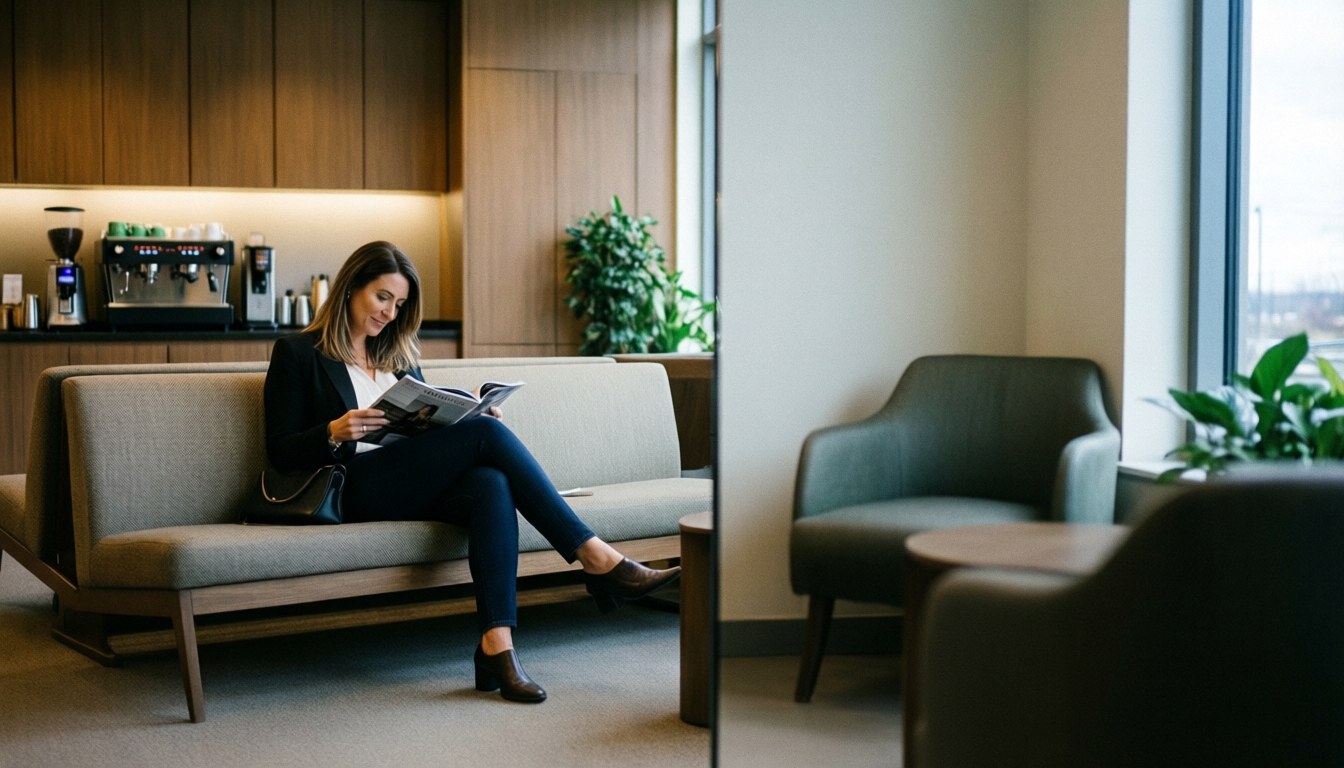 Une jeune femme lit un magazine sur un canapé confortable dans un salon d'attente moderne avec cafetière et plantes, baigné de lumière douce.
