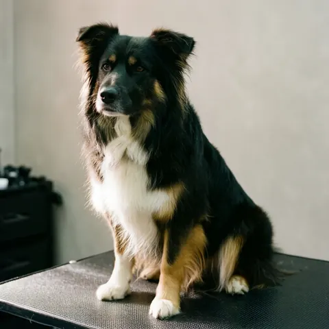 Chien de race pastor australien assis sur une table de toilettage professionnel, avec un pelage propre et brillant sur fond neutre.