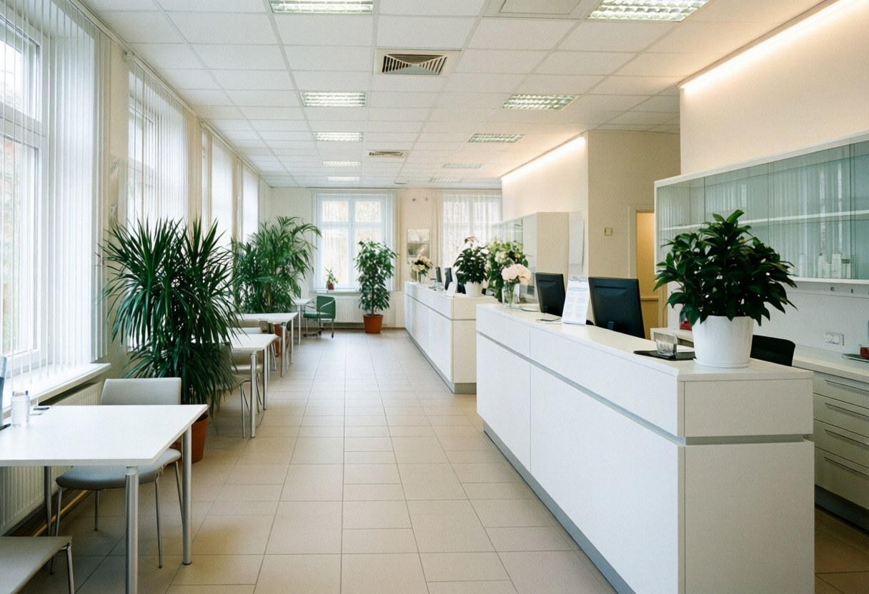 Réception dentaire moderne avec tables blanches, plantes vertes et lumière naturelle, ambiance propre et professionnelle.