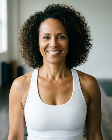 Instructrice de yoga aux cheveux bouclés et au haut blanc, souriant chaleureusement dans son studio avec une lumière naturelle douce.