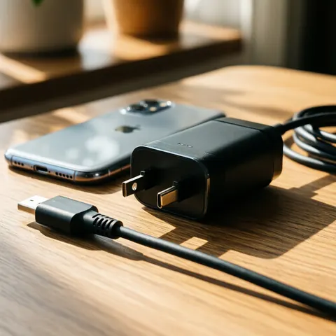 Chargeur et câble USB sur un bureau en bois avec une lumière naturelle, des détails nets et un fond flou aux tons chauds.
