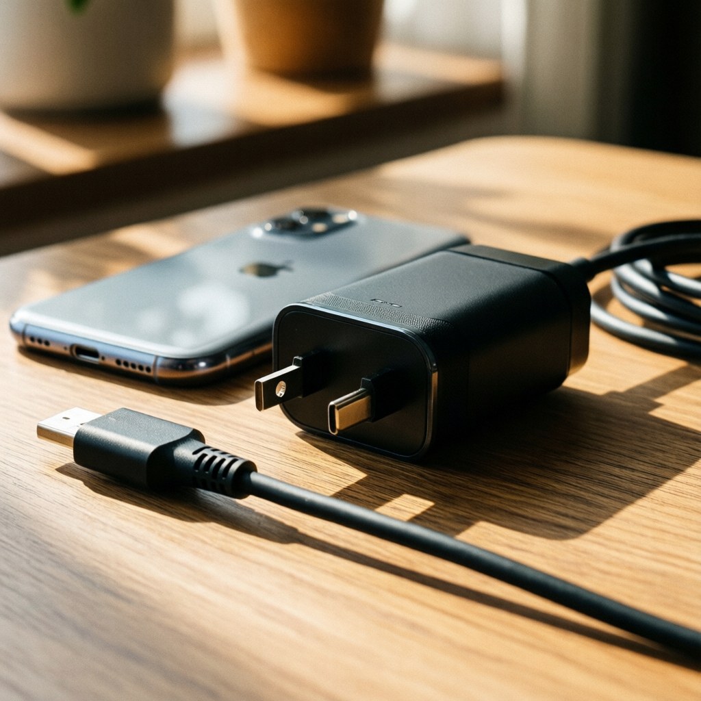 Chargeur et câble USB sur un bureau en bois avec une lumière naturelle, des détails nets et un fond flou aux tons chauds.