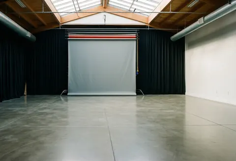 Studio photographique vide doté d'un sol poli et d'un fond gris, prêt pour des séances de photos professionnelles.