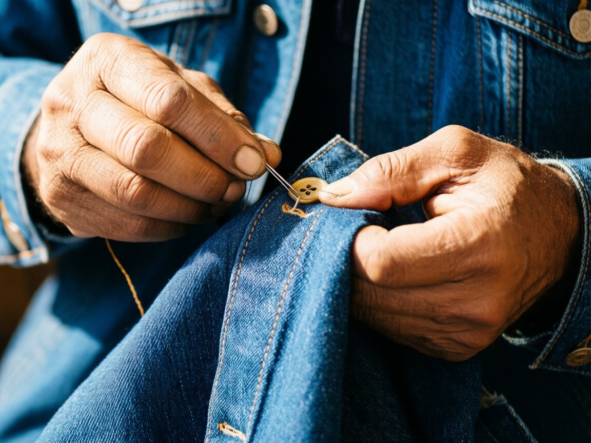 Gros plan sur des mains qui cousent un bouton avec du fil jaune sur une veste en denim dans un atelier de couture.
