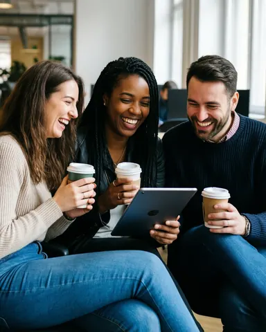 Trois jeunes de différentes origines ethniques rient en regardant une tablette dans un espace de coworking moderne, tenant des tasses de café.