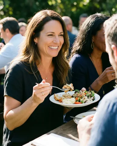 Une femme sourit en savourant un repas lors d'une fête en extérieur avec des amis, sous la lumière naturelle et la verdure.