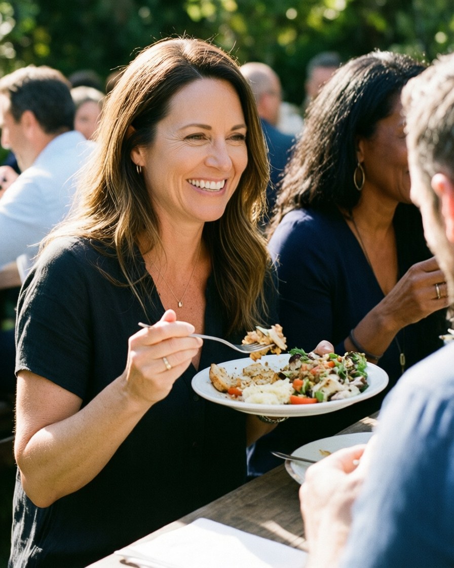 Une femme sourit en savourant un repas lors d'une fête en extérieur avec des amis, sous la lumière naturelle et la verdure.