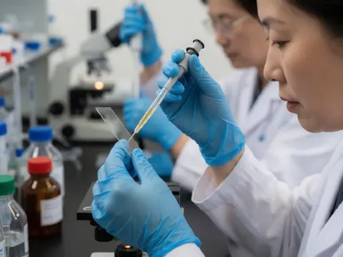 Des mains portant des gants de protection tiennent une pipette et un porte-objet sur un fond flou d'équipement de laboratoire.