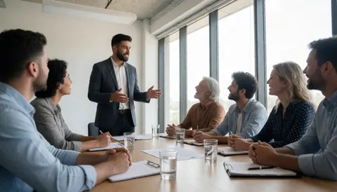 Groupe de collaborateurs en réunion professionnelle, écoutant attentivement un exposé.
