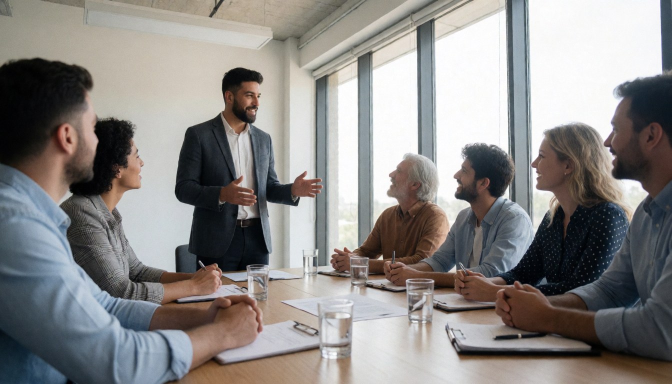 Groupe de collaborateurs en réunion professionnelle, écoutant attentivement un exposé.