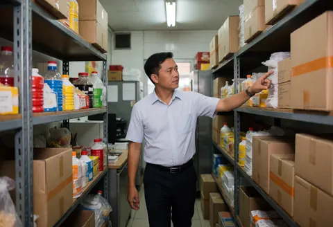 Un manager examine les stocks dans un entrepôt de restauration rapide, entouré d'étagères remplies de cartons et de produits.