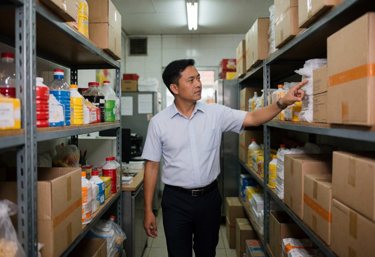 Un manager examine les stocks dans un entrepôt de restauration rapide, entouré d'étagères remplies de cartons et de produits.