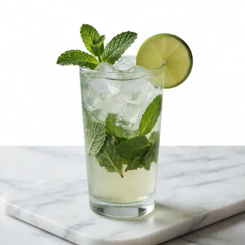 Mojito classique avec glaçons, lime et menta fraîche dans un grand verre posé sur une surface en marbre, idéal pour la restauration et la coctelerie.