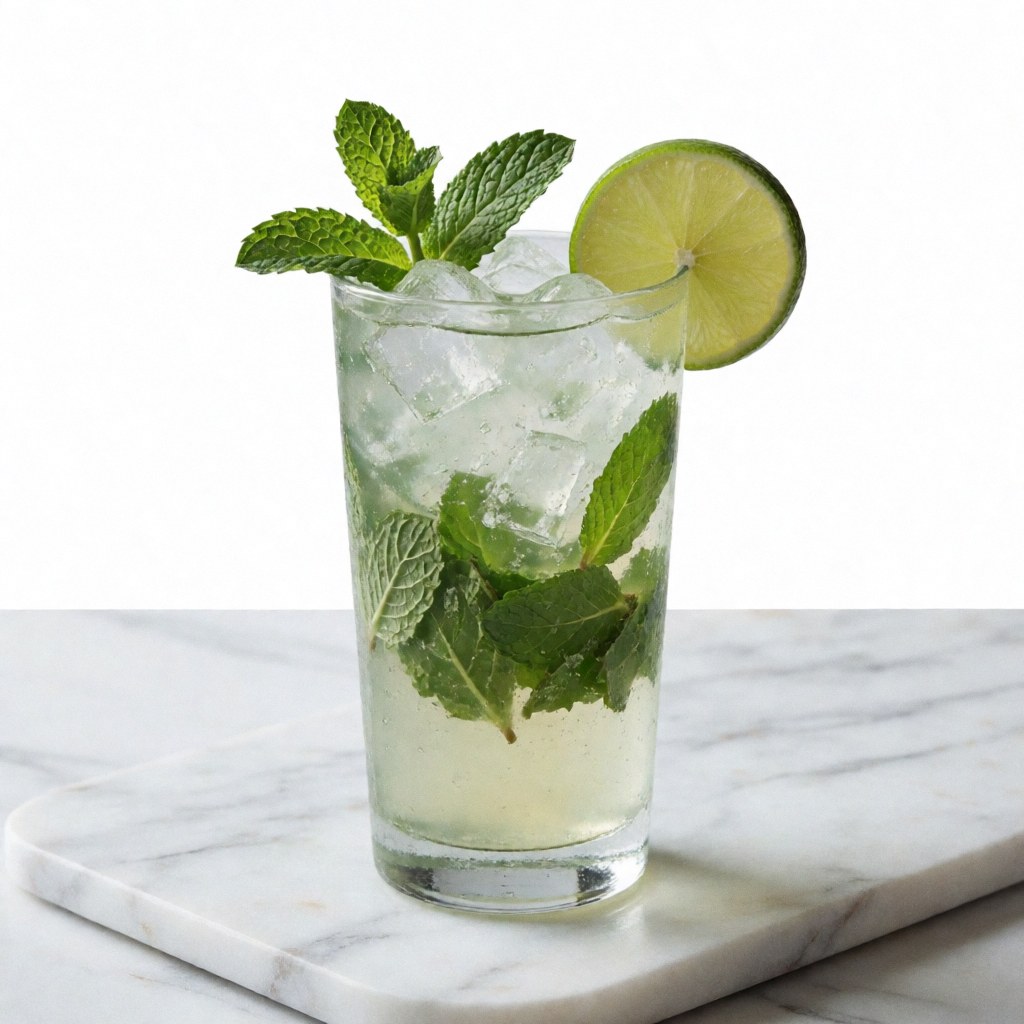 Mojito classique avec glaçons, lime et menta fraîche dans un grand verre posé sur une surface en marbre, idéal pour la restauration et la coctelerie.