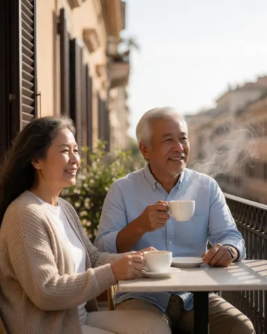 Un couple de seniors sourit en buvant du café sur une terrasse ensoleillée, profitant d'un moment de détente dans une ambiance chaleureuse.