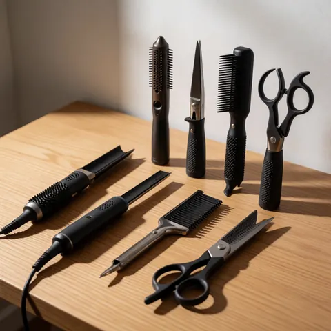 Ensemble d'outils professionnels de coiffure disposés sur une table en bois clair, éclairée par la lumière naturelle et projetant des ombres douces.