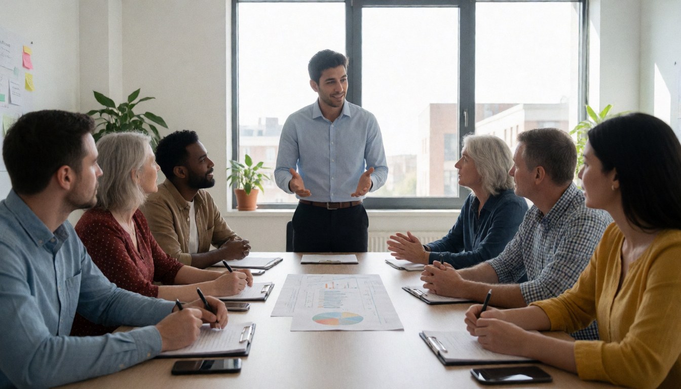 Une équipe diverse lors d'une réunion de marketing, discutant de stratégies autour d'une table avec des graphiques dans un bureau moderne avec des fenêtres.