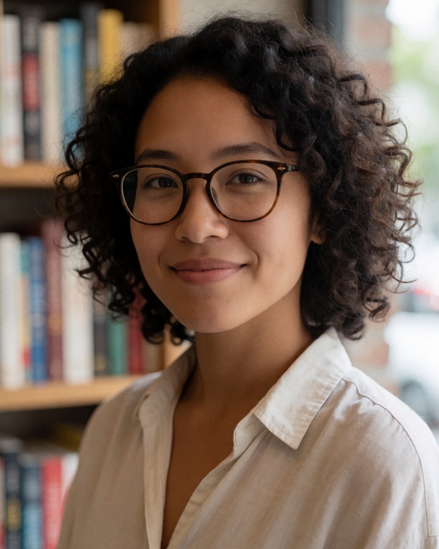 Portrait d'une jeune femme souriante avec des lunettes, debout devant des étagères remplies de livres baignées de lumière naturelle.