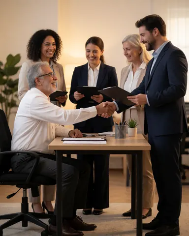 Un client souriant signe un contrat comptable avec un expert comptable tandis que d'autres professionnels observent avec joie dans un bureau moderne.