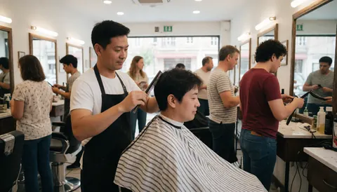 Un barbier coupe les cheveux d'un client dans un salon avec d'autres clients et des miroirs en arrière-plan, créant une ambiance chaleureuse et professionnelle.