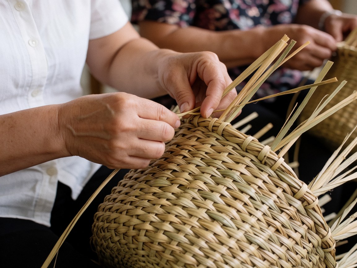 Mains d'adulte en train de tisser une corbeille en paille avec une texture naturelle, une lumière douce et des tons terre, mettant en valeur le détail artisanal.
