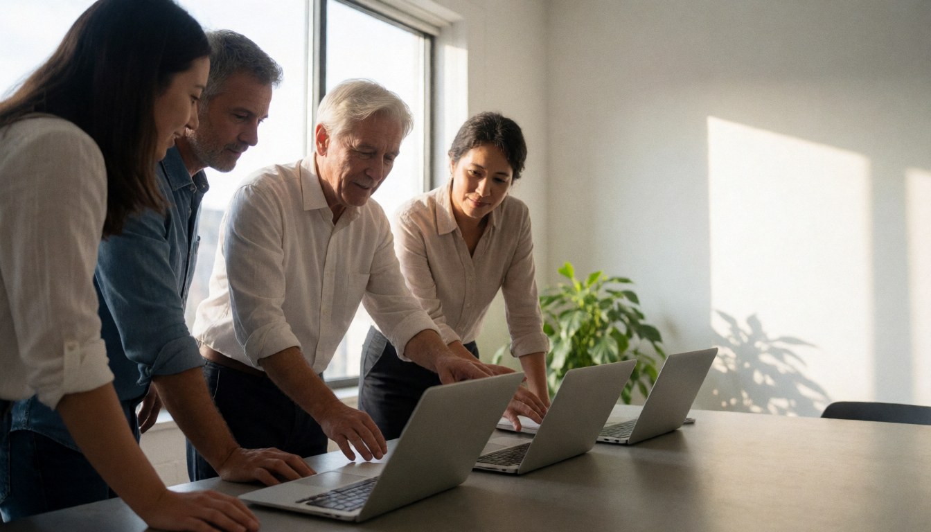 Quatre professionnels du support technique examinent des ordinateurs portables dans un bureau moderne éclairé par la lumière naturelle, avec un espace réservé pour le texte à droite.
