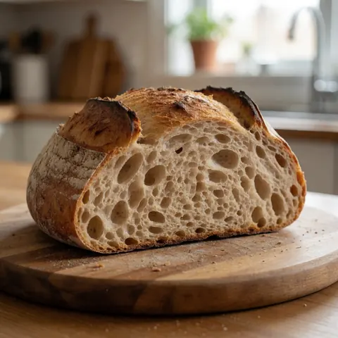 Une tranche de pain de mie posée sur une planche en bois, révélant sa mie et sa croûte, éclairée par une lumière naturelle.