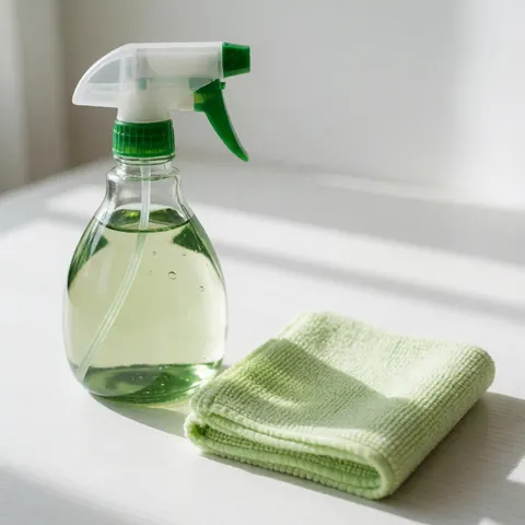 Bouteille de spray nettoyant et chiffon en microfibre posés sur une table blanche éclairée par la lumière naturelle, idéal pour le nettoyage de surfaces brillantes.