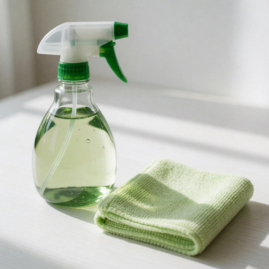 Bouteille de spray nettoyant et chiffon en microfibre posés sur une table blanche éclairée par la lumière naturelle, idéal pour le nettoyage de surfaces brillantes.
