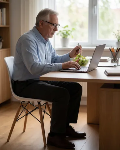 Un homme âgé portant des lunettes mange une salade pendant qu'il travaille sur son ordinateur portable dans un bureau à domicile baigné de lumière naturelle.