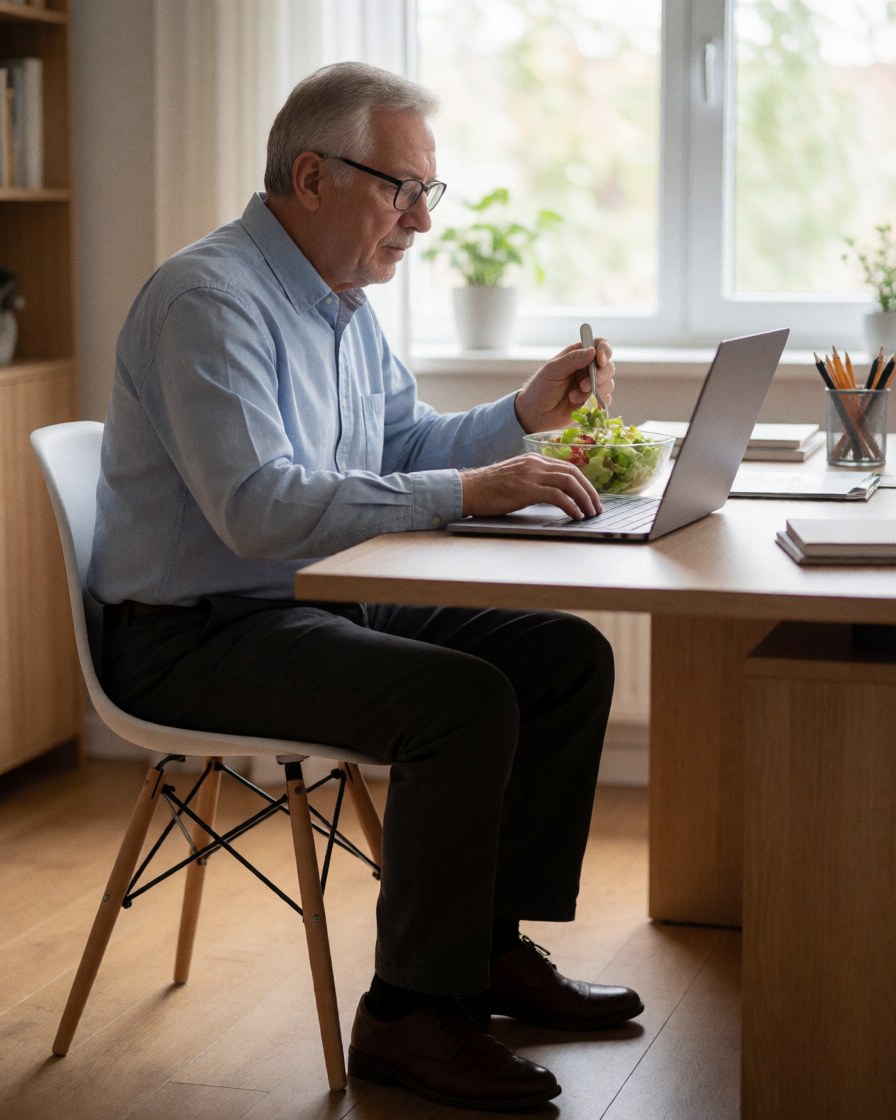Un homme âgé portant des lunettes mange une salade pendant qu'il travaille sur son ordinateur portable dans un bureau à domicile baigné de lumière naturelle.