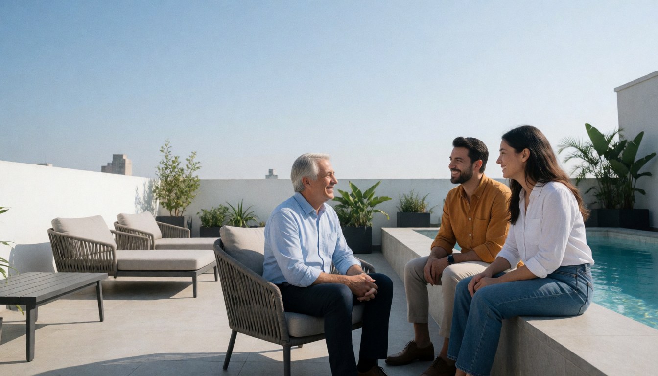 Trois personnes discutent joyeusement sur une terrasse d'hôtel avec piscine, meubles modernes et vue panoramique sur la ville.